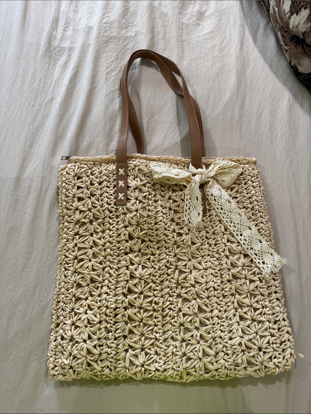 Woven Raffia Straw Tote Bag Boho Summer Beach Bag Crochet Floral Texture